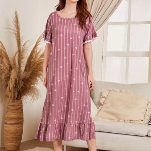 Striped & Heart Print Ruffle Hem Night Dress ( Dusty Pink)
