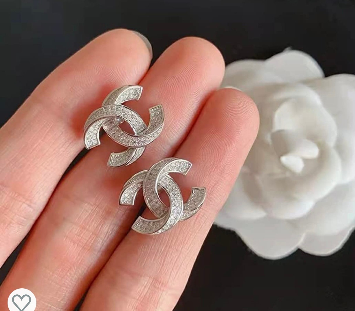CHANEL Crystal CC Flower Earrings Silver 742824