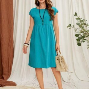 Solid Cap Sleeve Smock Dress