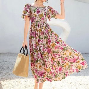 Allover Floral Print Square Neck Butterfly Sleeve Dress