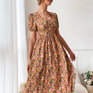 Allover Floral Print Sweetheart Neck Puff Sleeve Dress