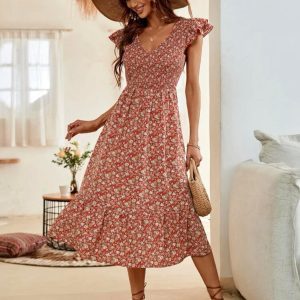 Ditsy Floral Print Shirred Ruffle Hem Dress