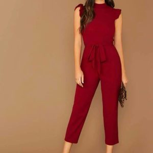 Mock-Neck Ruffle Cuff Self Belted Jumpsuit