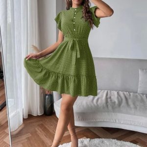 Polka Dot Print Butterfly Sleeve Flounce Hem Belted Dress