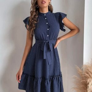 Polka Dot Print Butterfly Sleeve Flounce Hem Belted Dress