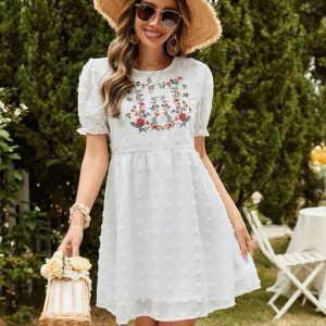 Floral Embroidery Puff Sleeve Dress