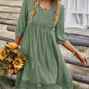 Swiss Dot Tie Neck Guipure Lace Hem Dress