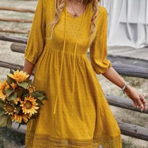 Swiss Dot Tie Neck Guipure Lace Hem Dress