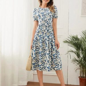 Puff Sleeve Allover Print Dress