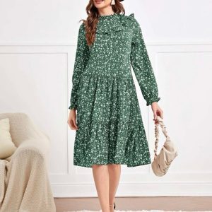 Ditsy Floral Flounce Sleeve Ruffle Trim Smock Dress