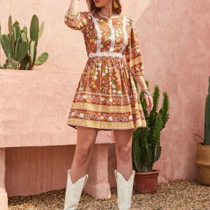 Rusttydustty A-Line Floral Print Lantern Sleeve Dress