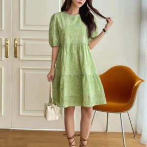 DAZY Floral & Geo Print Puff Sleeve Ruffle Hem Dress