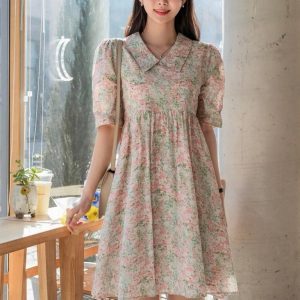 Allover Floral Print Puff Sleeve Dress With Lined